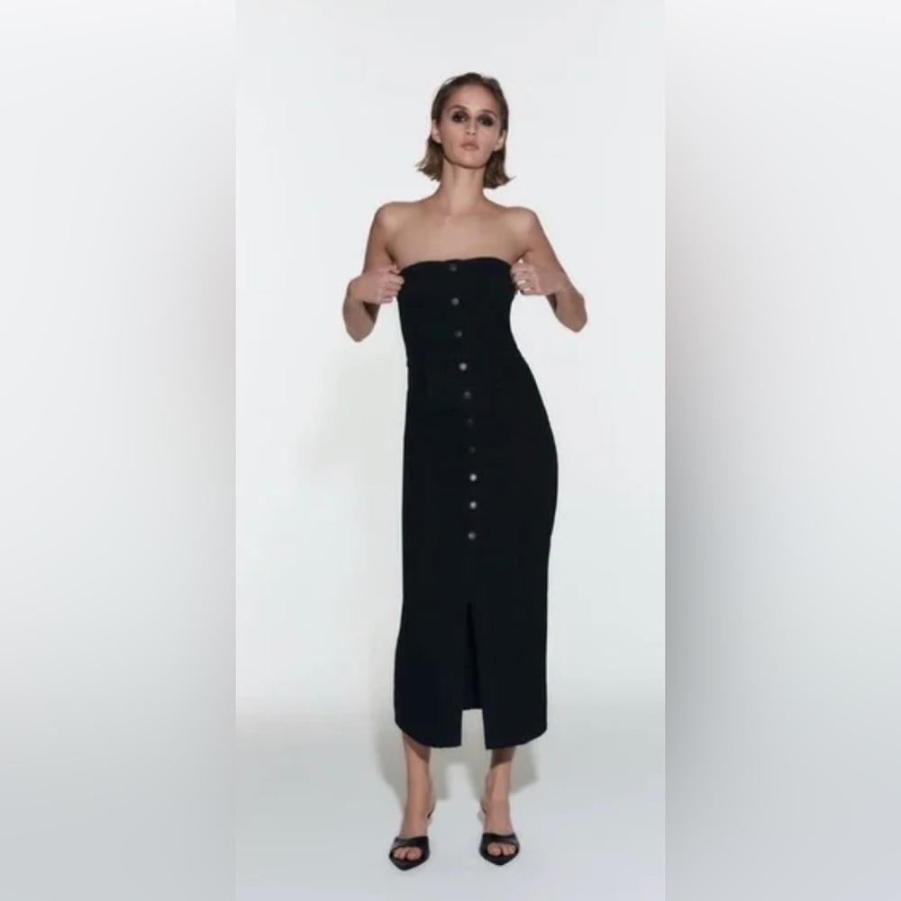 Zara Black Strapless Button-Front Midi Denim Dress
